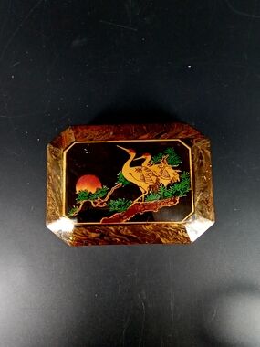 Source Unknown Gold Crane and Green Pine Lacquered Trinket Box